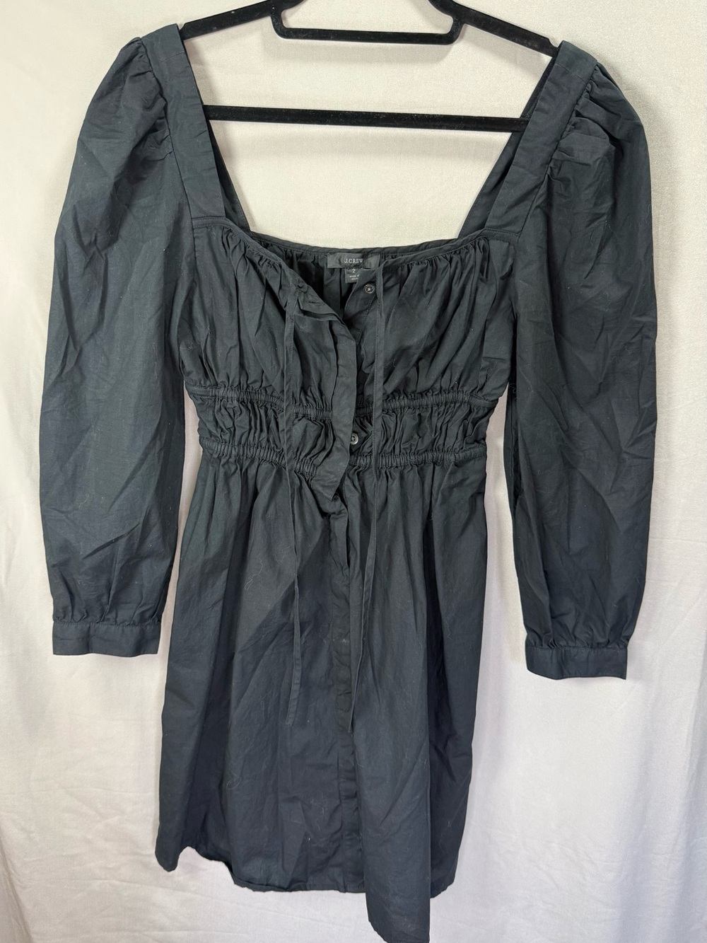 J.Crew Black Puff Sleeve Mini Dress Smocked‎ Waist Cotton Size 2 - Picture 2 of 8